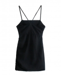  Black Spaghetti Strap Dress With Pleated Design Casual Fashion Mini Dress