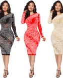 Cutubly Long Sleeve Bodycon Dress Slim Pearls Diamonds Dresses For Women See Through Mesh Vestidos Christmas Gift Party 