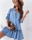  Cutubly Long Sleeve Denim Dresses For Women Casual Solid  Lace Up Dresses Stitching Lotus Leaf Mid Waist Tshirt Dressesd