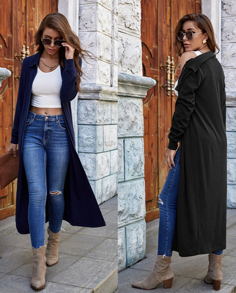 Lapel Womens Clothing Knitted Long-sleeved Solid Color Dress Cardigan Long Skirt
