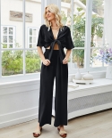 Summer V-neck Casual Five-point Sleeve T-shirt Trousers Suit Short Strappy Top Pants One-piece Suit