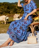 Summer Seaside Holiday Style Temperament Womens Square Collar High Waist Slim Floral Long Skirt