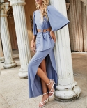 Summer Hollow Slit Long Skirt Irregular Thin Short-sleeved Pleated Dress