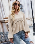 Fashion V-neck Pullover Thin Sweater Casual Loose Stitching Long-sleeved Top Womens Clothing