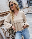 Fashion V-neck Pullover Thin Sweater Casual Loose Stitching Long-sleeved Top Womens Clothing