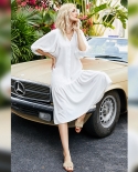 Summer Petal Sleeve Pleated Loose Long Skirt Solid Color Small Fresh Dress V-neck Five-point Sleeve Single-breasted