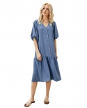 Summer Petal Sleeve Pleated Loose Long Skirt Solid Color Small Fresh Dress V-neck Five-point Sleeve Single-breasted