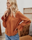 Fashion Bell-sleeved Womens V-neck T-shirt Top Autumn Solid Color Loose Long-sleeved Casual Short Shirt