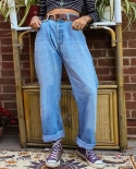 Retro Color Sólido Casual Suelto Pierna Ancha Lavado Jeans Mujer Ropa