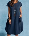Spring And Summer Cotton Linen Loose Casual Solid Color Pocket Dress Women