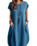 Spring And Summer Cotton Linen Loose Casual Solid Color Pocket Dress Women
