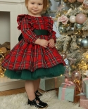 חג המולד לוליטה שמלת נסיכה לתינוקות בנות משובץ שרוולי זבוב סלסול צוואר עגול רשת טלאים שמלת טוטו שמלת מסיבת חג המולד