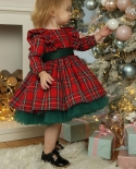 חג המולד לוליטה שמלת נסיכה לתינוקות בנות משובץ שרוולי זבוב סלסול צוואר עגול רשת טלאים שמלת טוטו שמלת מסיבת חג המולד