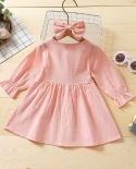 2pcs Baby Girls Clothes Casual Outfit Solid Color Long Sleeves Single Breasted Dress  Bow Hair Clip For 6 Months To 4 Y
