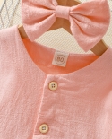 2pcs Baby Girls Clothes Casual Outfit Solid Color Long Sleeves Single Breasted Dress  Bow Hair Clip For 6 Months To 4 Y