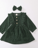 Toddler Baby Girl Princess Dress Long Sleeve Round Collar Ruffle Corduroy Dress Buttons Pleated Fall Dress With Headband