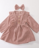Toddler Baby Girl Princess Dress Long Sleeve Round Collar Ruffle Corduroy Dress Buttons Pleated Fall Dress With Headband