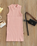 1 6 Y Fashion Girls Summer Dress Solid Color Crew Neck Sleeveless Ribbed Straight Dress With Waist Belt And Bag