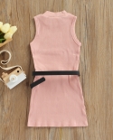 1 6 Y Fashion Girls Summer Dress Solid Color Crew Neck Sleeveless Ribbed Straight Dress With Waist Belt And Bag