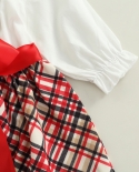 Christmas Toddler Girl Red Grid Bowknot Dress Plaid Patchwork Boat Collar Long Lotus Leaf Sleeve Casual Dress With Bowkn