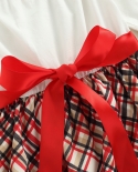 חג המולד פעוט ילדה אדום רשת שמלת קשת משובצת צווארון סירה טלאים ארוך שרוול עלה לוטוס שמלה מזדמנת עם קשת
