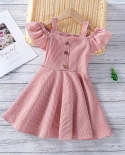  Children Girls Summer Dress Pink Plaid Square Neck Off Shoulder Short Sleeves A Line Casual Dressdresses