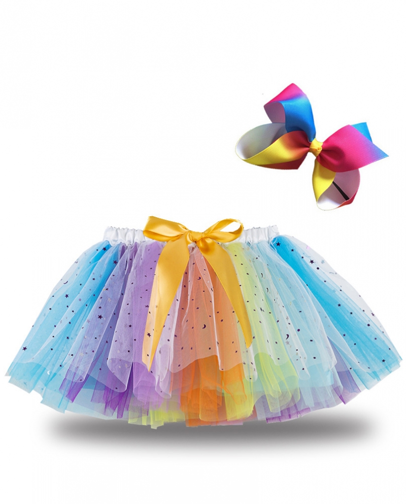 ילדים חצאית צבעונית קשת בענן בנות דפוסי כוכבים אלסטית חצאית בועות מותן גבוה עם קליפס שיער קשת לקיץ הסתיו