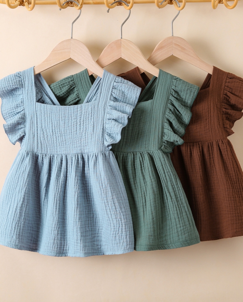 Baby Girls Casual Solid Color Dress Square Collar Fly Sleeves Backless Cotton Linen A Line Dress Girls Summer Dressdress