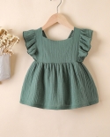 תינוקות בנות קזואל צבע אחיד שמלה מרובע צווארון זבוב שרוולי כותנה ללא גב פשתן קו שמלת שמלת קיץ בנות