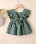 תינוקות בנות קזואל צבע אחיד שמלה מרובע צווארון זבוב שרוולי כותנה ללא גב פשתן קו שמלת שמלת קיץ בנות
