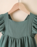 Baby Girls Casual Solid Color Dress Square Collar Fly Sleeves Backless Cotton Linen A Line Dress Girls Summer Dressdress