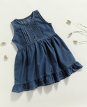 1 6 Years Kids Denim Dress Girls Solid Color Ruffled Round Neck Sleeveless A Line Dress For Summer Dark Bluelight Blued