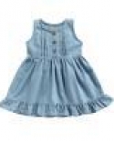 1 6 שנים ילדים שמלת גינס בנות צבע אחיד מפוצץ צוואר עגול ללא שרוולים שמלת קו לקיץ כחול כההתכלת