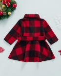 ילדים בנות חג המולד אדומה חולצה משובצת שמלת שרוולים ארוכים דש כפתור שרוכים קישוט שמלת מסיבת חג המולד שמלות שמלות