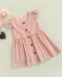 תינוקות בנות שמלת קיץ שרוול זבוב צווארון חלק רגיל חלול שמלת ילדה באורך הברך קזואל שמלת קו שמלת ילדים