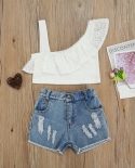 1 6 Years Fashion Girls Clothes Solid Color Set Sleeveless Off Shoulder Cropped Tops  Irregular Hem Ripped Short Jeansc
