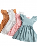 2 meninas de 6 anos verão plissado vestido manga mosca cor sólida arco sem costas crianças uma linha conjuntos de vestidos de pr