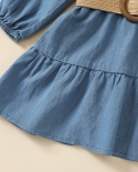 שמלת בנות אופנה שמלת גינס עם שרוול פנס ארוך עם חגורה בצבע אחיד כפתור אחורי קו קזואל שמלות קצרות