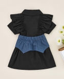 2 7 שנים אופנה ילדים בנות שמלת קיץ צווארון דש מלמלה עם כפתור שרוולים קצרים שמלות קזואל  תלבושות חגורות מותן