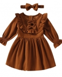 Toddler Girls Dress Autumn Outfit Solid Color Bowknot Round Neck Long Sleeve Ruffle A Line Dress Headband For 1 6 Years