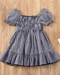 1 5t Toddler Kids Baby Girls Dress Summer Clothes Plaid Short Puff Sleeve Off Shoulder Ruffle A Line Dress Lovely Outfit