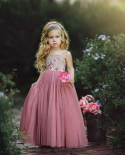 שמלת נסיכה חדשה ילדה ילדה תחרה ורודה פרח שמלת רצועות מקסי ארוכה מסיבת נסיכות ילדים קיץ שמלת נשף רשמית ד