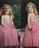  New Princess Dress Kids Girl Pink Lace Flower Strappy Dress Maxi Long Princess Party Children Summer Ball Gown Formal D
