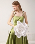 Suspender Skirt Summer Niche Design Camellia Lace Waist Pocket Olive Green Dress