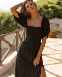Summer Casual Womens Wear Pullover Short Sleeve Square Neck Solid Color Split Skirt Dress