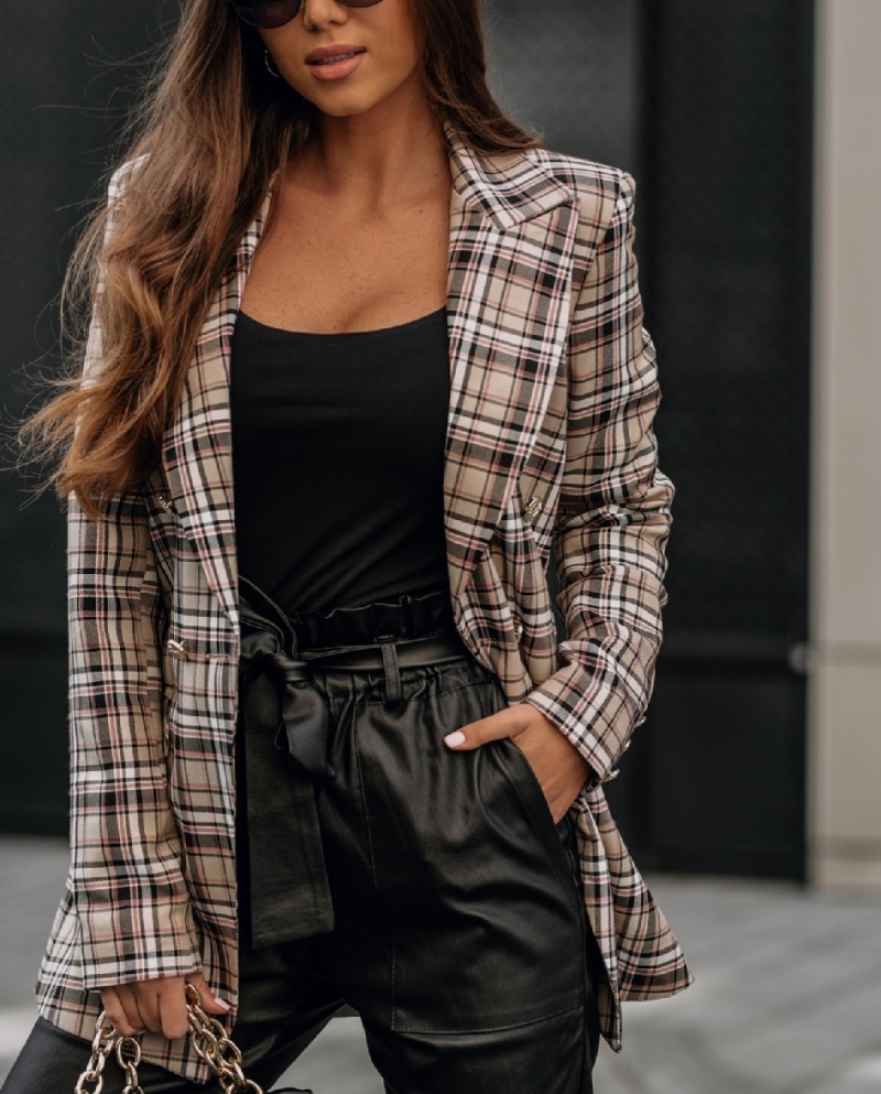 Plaid Suit Jacket Womens Casual Retro Slim Fashion Small Suit Top