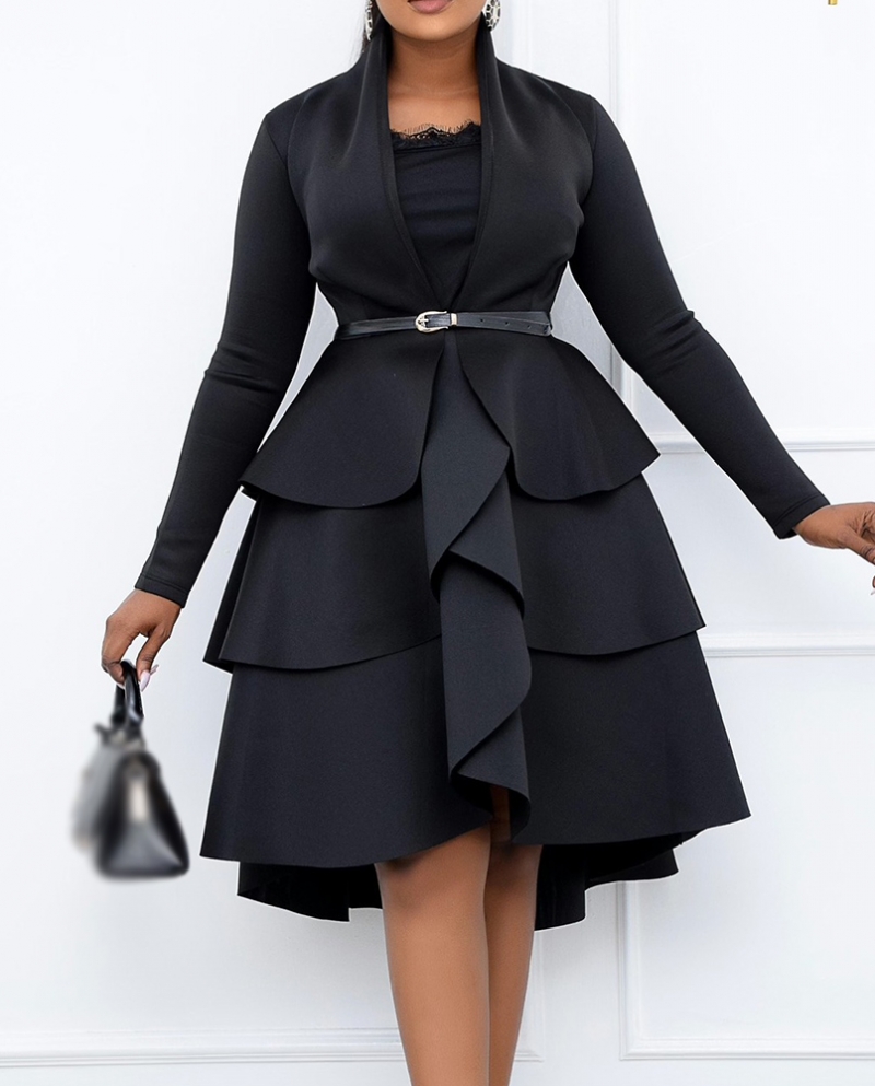 US 35.11 Long Sleeve Black Dress African Women Cute Layered Ruffle Autumn Winter Elegant Office Ol Clothes Casual Midi Dresses Fe Description
