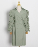 Womens Solid Color Ruffle Double-Breasted Over-the-Knee Long Trench Sheath Coat