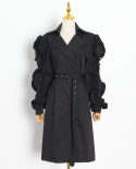 Womens Solid Color Ruffle Double-Breasted Over-the-Knee Long Trench Sheath Coat