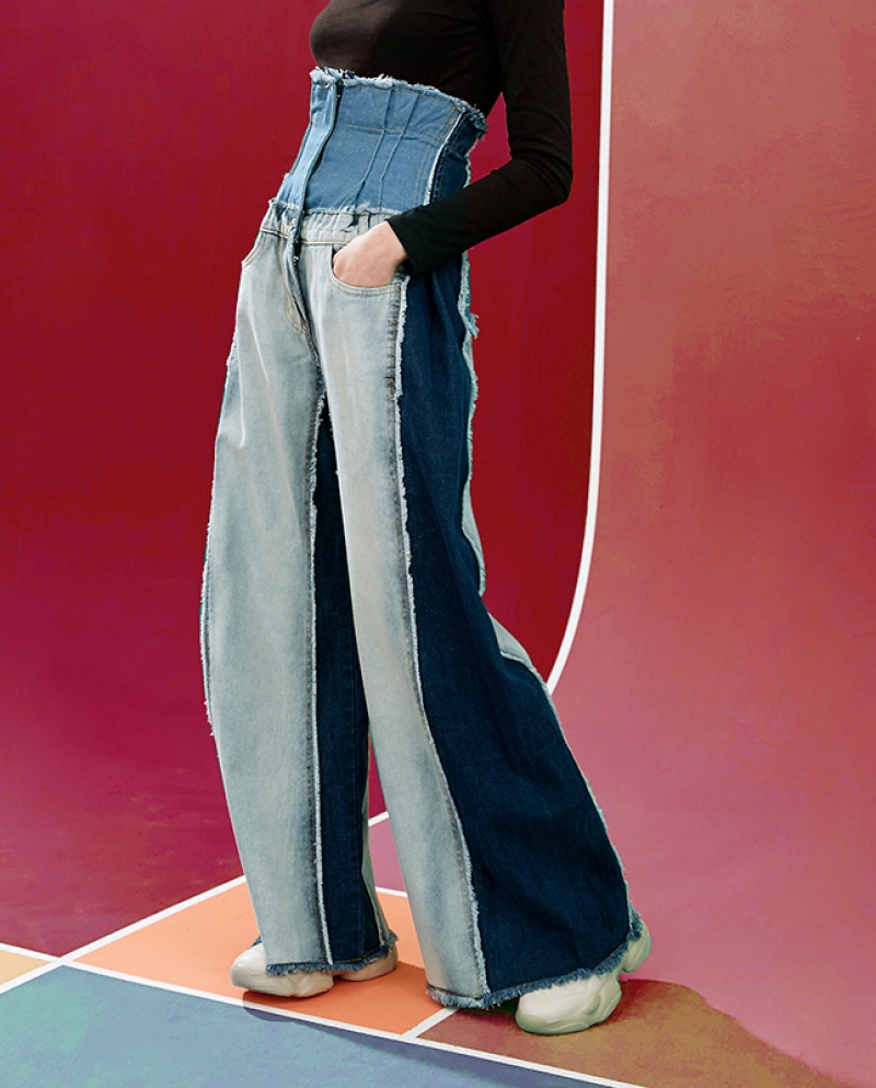 Pantalones de pierna ancha lavados de color de contraste de cintura ultra alta casual para mujer